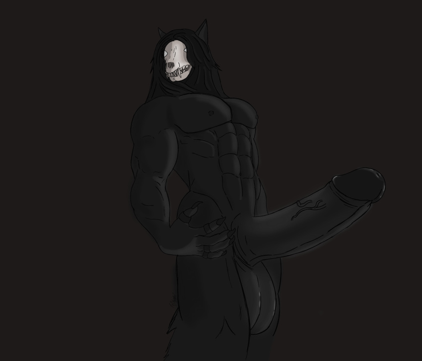 1boy anthro big_penis black_body black_fur bone canid fur genitals ghost hi_res huge_cock humanoid_genitalia humanoid_penis hyper hyper_genitalia hyper_penis male male_anthro male_only male_scp-1471 mammal monster muscular muscular_anthro muscular_male penis scp-1471 scp-1471-a scp_foundation secretuser243 skull solo solo_male spirit white_eyes