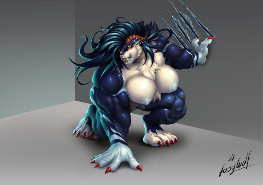 anthro big_breasts bodymarking breasts clawed_fingers clawed_toes claws digitigrade faogwolf female fur horn hunched_over hyper mammal muscular muscular_anthro muscular_female nipples nude piercing sharp_claws sharp_teeth solo teeth wide_shoulders wild_hair