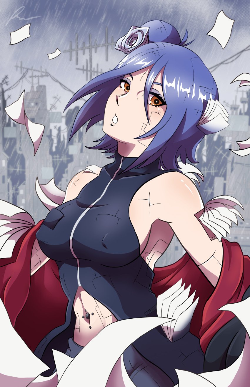 1girls bare_shoulders blue_hair breasts cloak dress erect_nipples erect_nipples_under_clothes eunnie eyeshadow facial_piercing female female_only flower hair_ornament konan looking_at_viewer makeup midriff naruto naruto_(series) naruto_shippuden navel_piercing open_mouth orange_eyes outdoors paper piercing raining side_bun sleeveless sleeveless_dress tied_hair upper_body water_drop