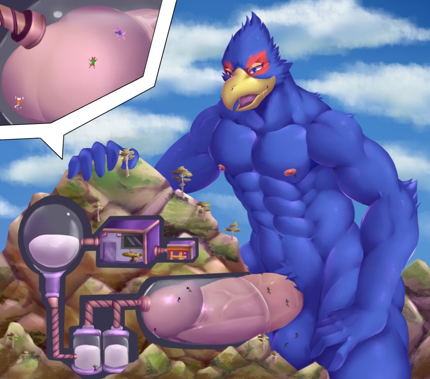 2020 anthro avian bird blue_body blue_fur bodily_fluids cum facility factory falco_lombardi fur genital_fluids genitals hi_res macro male male_focus male_only micro mountain muscular muscular_anthro muscular_male nintendo open_mouth penile penis penis_milking saliva soliscanis solo star_fox togepi1125 video_games worship