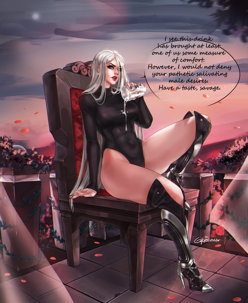 1girls absurdres angelise_reiter big_breasts breasts female female_only final_fantasy final_fantasy_xiv greenu highres large_breasts leotard looking_at_viewer male_pov solo speech_bubble text thick_thighs