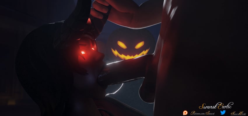 3d ashe_(overwatch) blizzard_entertainment blowjob bright_pupils demon_girl domination drool drooling face_fucking glowing_eyes halloween horn_grab night oral overwatch red_eyes saliva saliva_string saliva_trail swursterotic throat_fuck warlock_ashe