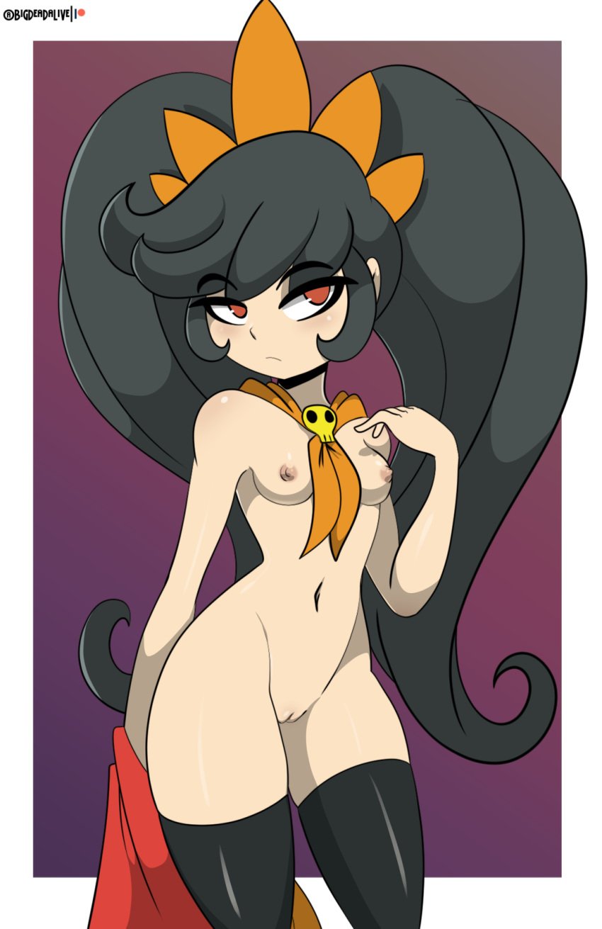 1girls areolae ashley_(warioware) bigdeadalive black_hair breasts female handkerchief light_blush looking_at_viewer mario_(series) navel nipples nude pussy red_eyes small_breasts thighhighs twintails wario_(series) warioware witch