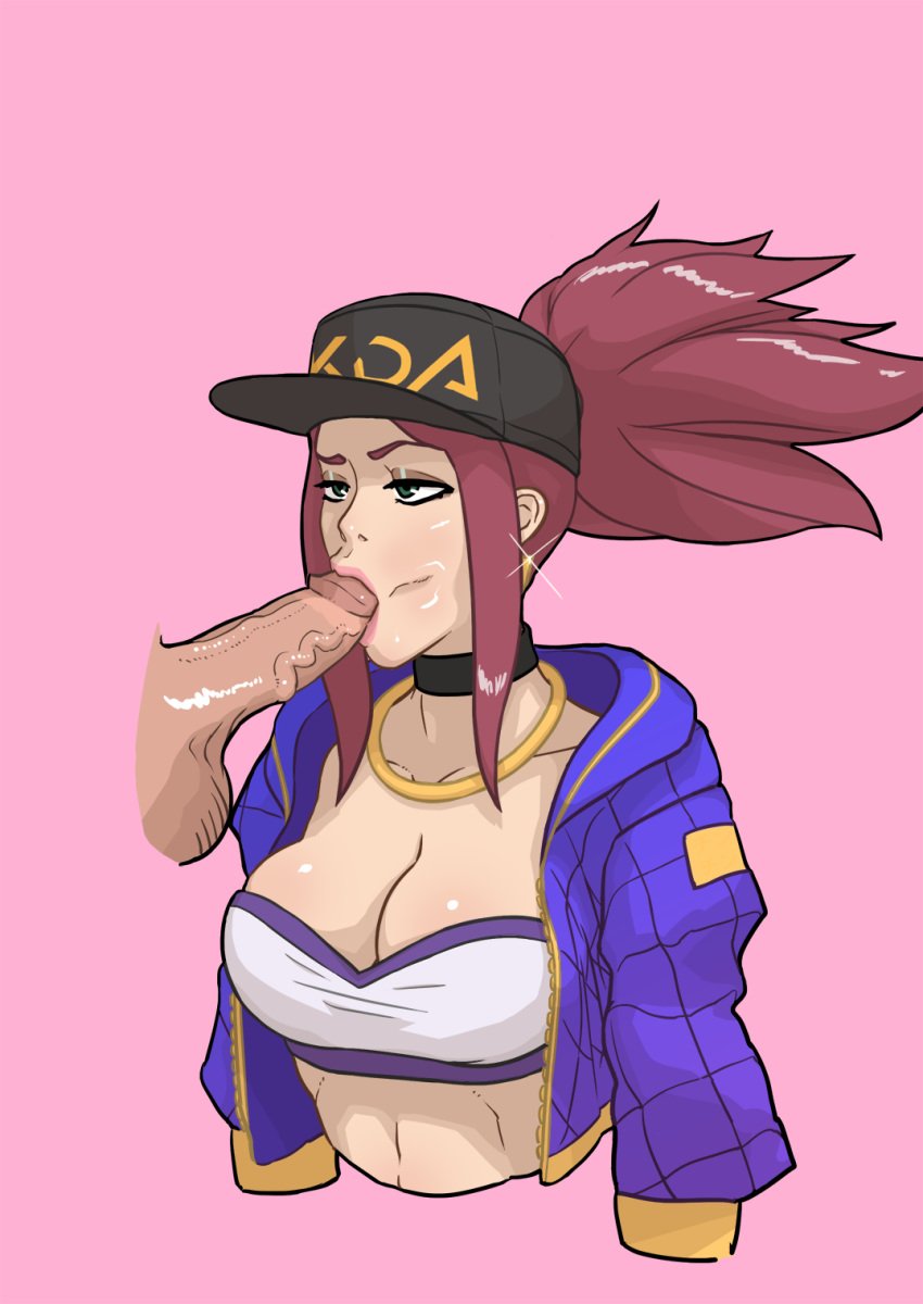 akali argskit athletic athletic_female balls baseball_cap big_breasts blowjob breasts busty choker cleavage collar cropped_jacket earrings fellatio female female_focus hourglass_figure k/da_akali k/da_series league_of_legends lipstick makeup male oral oral_penetration oral_sex penis sports_bra tagme testicles tied_hair