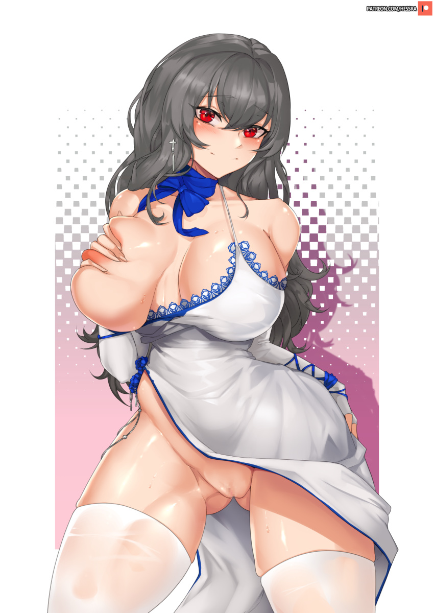 1girls areola azur_lane blush breasts censored dress female female_only grey_hair hessra huge_breasts iris_libre_(azur_lane) light-skinned_female light_skin mosaic_censoring nipple nopan one_breast_out pussy red_eyes saint-louis_(azur_lane) saint-louis_(holy_knight's_resplendence)_(azur_lane) thighhighs