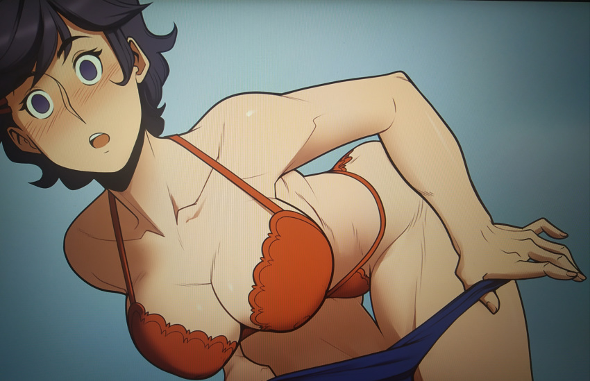 black_hair blue_pants bra breasts brellom female jane_(snow_daze) red_bra snow_daze teasing video_games