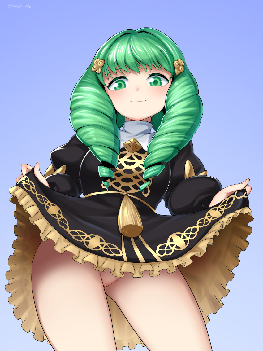 1girls bangs bare_legs bare_thighs blade_ride blush dress dress_lift female fire_emblem fire_emblem:_three_houses flayn_(fire_emblem) green_eyes green_hair lifted_by_self long_hair looking_at_viewer looking_down nintendo no_panties pussy skirt_lift smile solo solo_female thighs upskirt