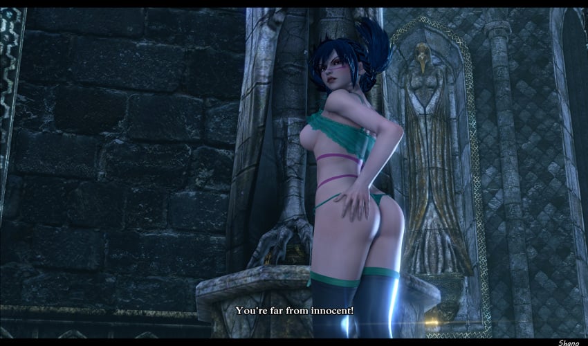 1boy 1girls 3d ass ass_grab big_breasts blush body_paint caption honey_select lingerie looking_at_viewer nipples nude panties sex shanodeshano soul_calibur stockings studio_neo thighhighs tira transparent_clothing two_tone_hair