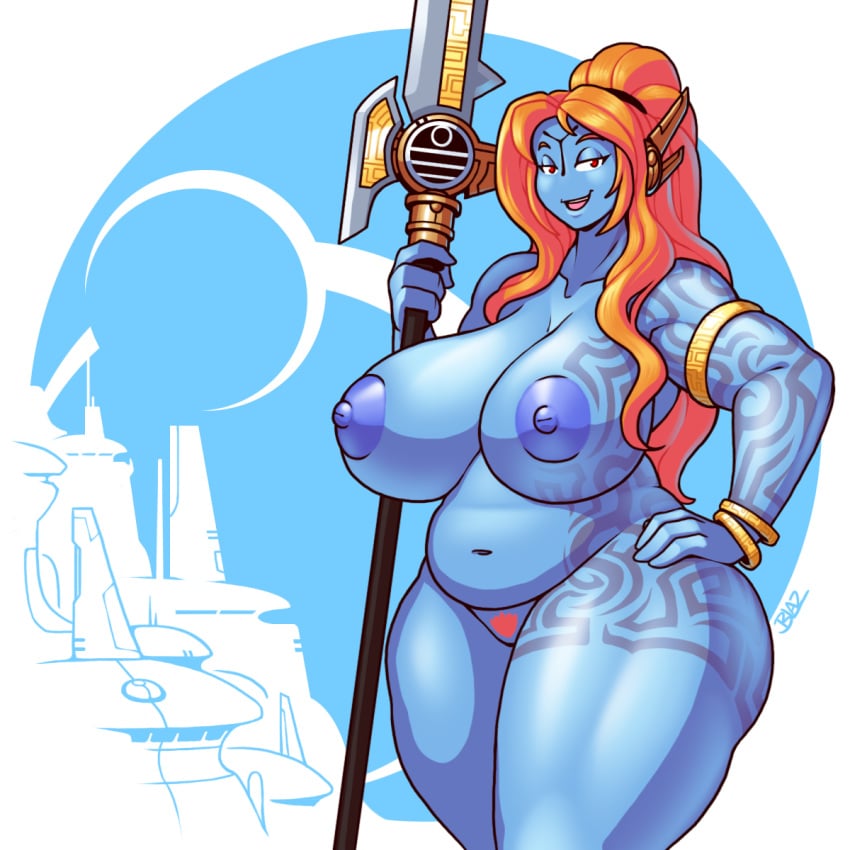 1girls alien alien_girl amazon background big_breasts blazbaros blue_skin bracelet breasts_bigger_than_head city cleavage curvy female female_only fiery_hair hair_ornament halberd huge_breasts large_areolae long_hair matron milf moon mother navel nipples no_nose nude nude_female nudity orange_hair plump pubic_hair puffy_areola red_eyes red_hair seductive seductive_smile smiling smiling_at_viewer smug solo solo_female tattoo tau thick_thighs thighs tribal voluptuous warhammer_(franchise) warhammer_40k weapon wide_hips