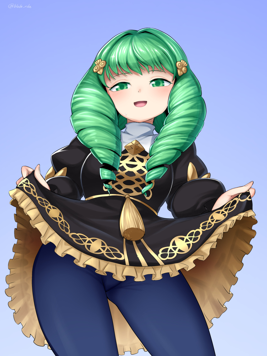 1girls bangs blade_ride blush dress dress_lift female fire_emblem fire_emblem:_three_houses flayn_(fire_emblem) green_eyes green_hair leggings lifted_by_self long_hair looking_at_viewer looking_down nintendo open_mouth open_smile panties pantyhose skirt_lift smile solo solo_female thighs upskirt