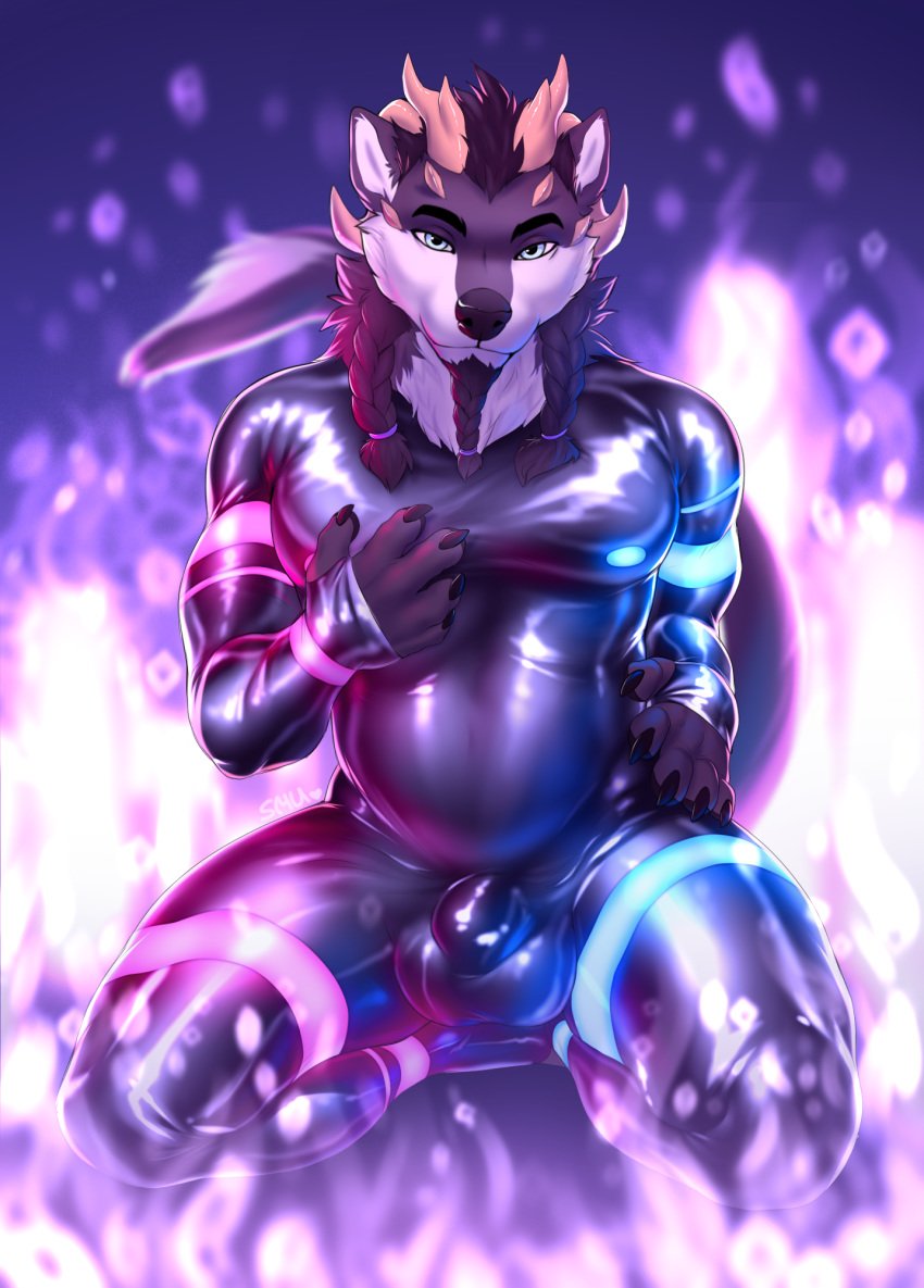 2020 5_fingers anthro blue_eyes bodysuit bulge canid canine canis clothing digital_media_(artwork) eyebrows eyelashes fingers hi_res horn male male_only mammal rubber rubber_suit skinsuit smileeeeeee solo tight_clothing wolf