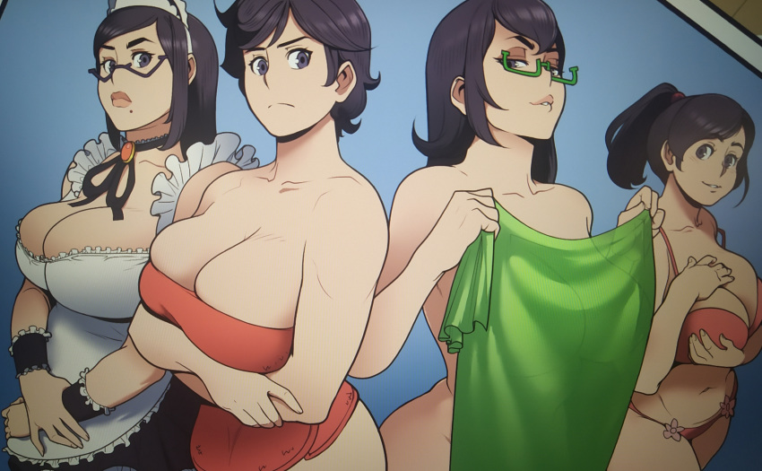 4girls beauty_mark big_breasts bikini black_hair breasts brellom clothed clothed_female female female_only glasses maid_uniform mother multiple_girls ponytail simple_background sisters snow_daze swimsuit towel video_games