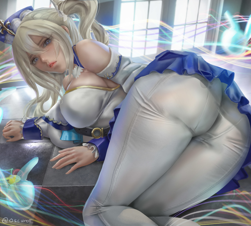 ass barbara_(genshin_impact) bare_shoulders blonde_hair breasts clothed genshin_impact highres looking_at_viewer nun oscuroii pantyhose thighs white_legwear