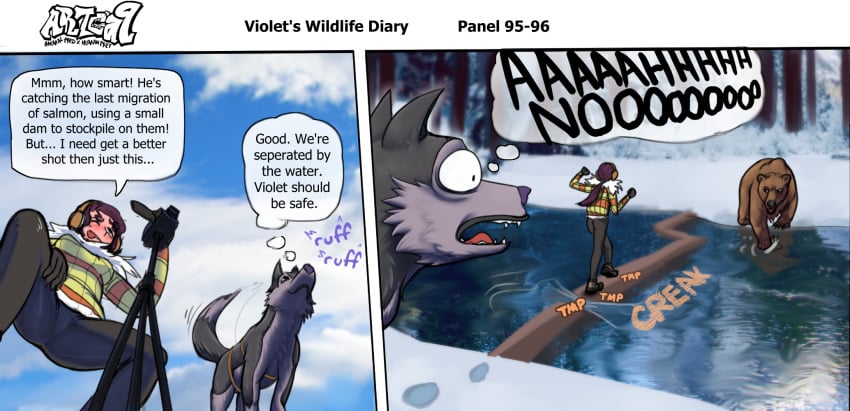 1dog 1girls artca9 background bear canine cave comic feral human husky indigo_(artca9) larger_feral outdoors river size_difference sleeping snow tagme ursine violet's_wildlife_diary_(artca9) violet_(artca9) vore