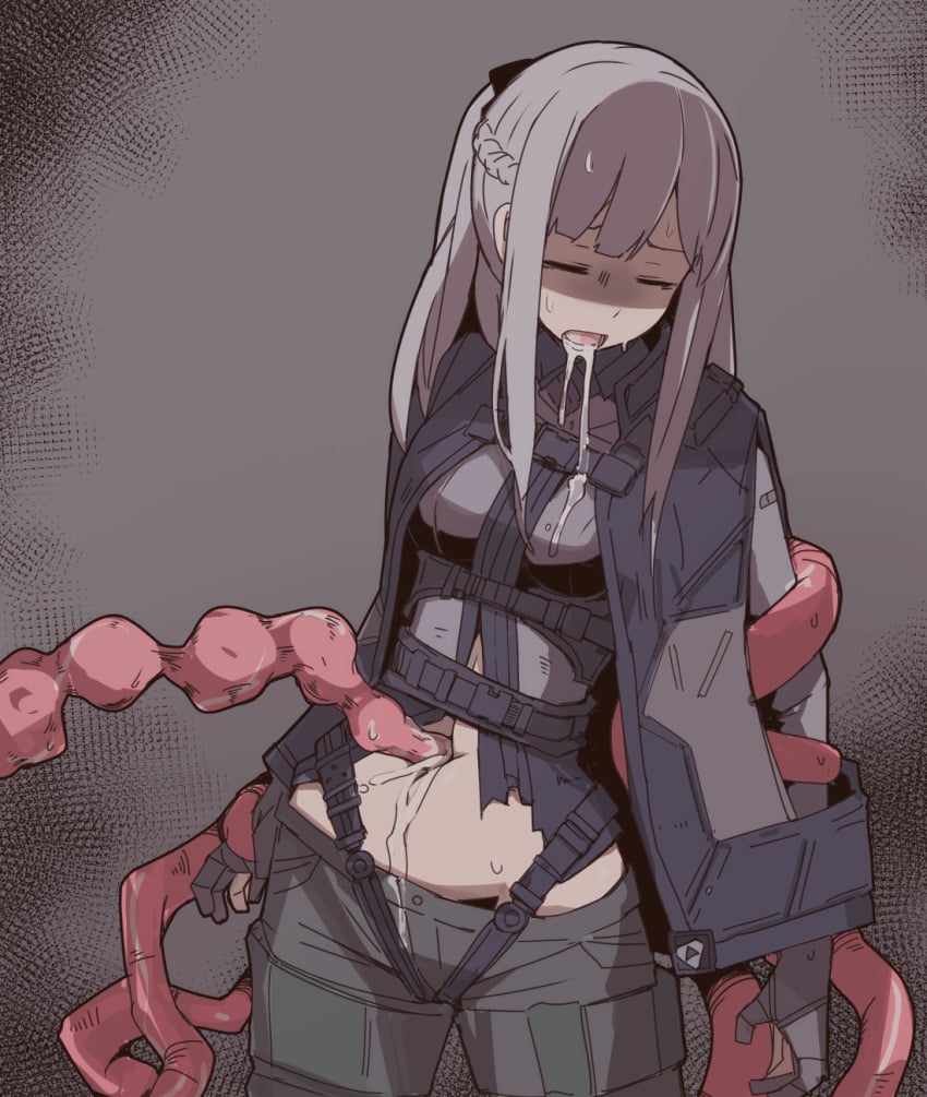 ak-12_(girls'_frontline) bondage eyes_closed female futuristic_clothing girls'_frontline impregnation monster mouth_open navel navel_insertion navel_penetration nns_(sobchan) ponytail pubic_hair restrained silver_hair simple_background sweat tentacle