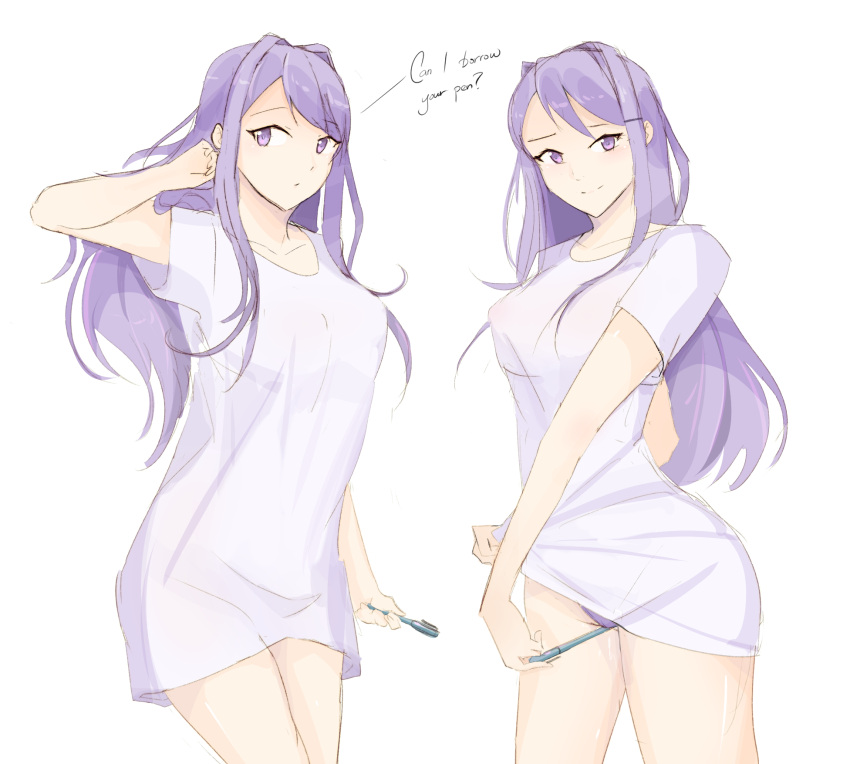 1girls 9_9bird doki_doki_literature_club female holding_object holding_pen panties pen purple_eyes purple_hair purple_panties see-through see-through_clothing see-through_shirt see-through_top see_through shirt standing white_shirt yuri_(doki_doki_literature_club)