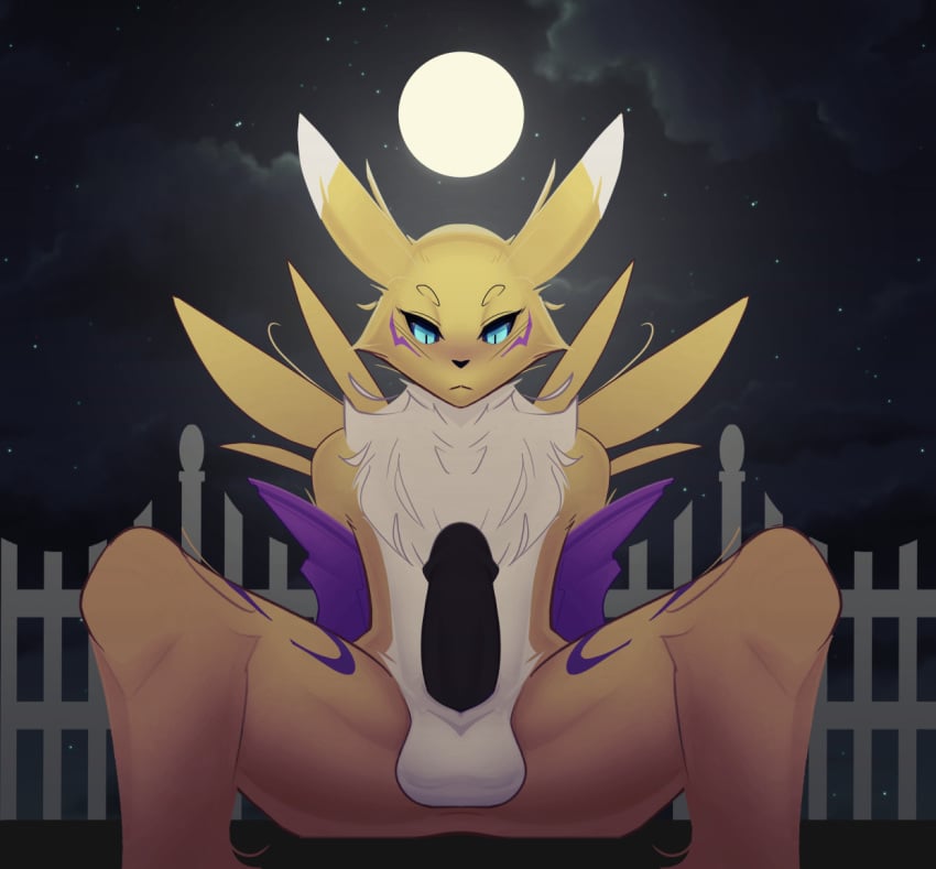 anthro balls big_balls big_penis black_penis blue_eyes blush chest_tuft clothing digimon digimon_(species) genitals gloves handwear humanoid_genitalia humanoid_penis male male_only markings night_sky penis renamon solo symmetry tuft warden006