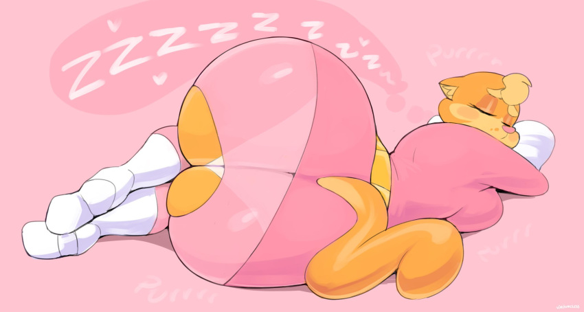 1girls anthro ass ass_focus big_ass bottom_heavy clothed clothing exposed_ass feline female female_focus female_only furry lilly_(vimhomeless) pink_background skin_tight sleeping solo tight_clothing vimhomeless