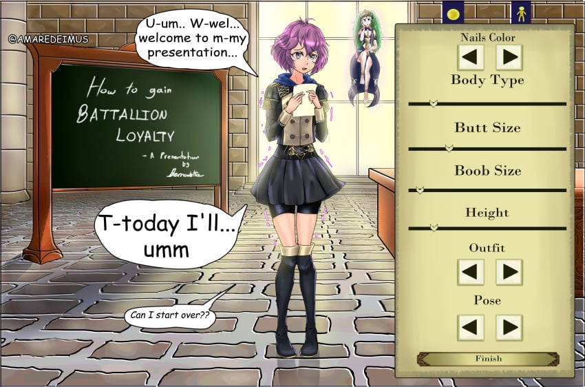 2girls amaredeimus assisted_exposure attribute_slider bernadetta_von_varley blush body_control character_slider classroom comic disappearing_clothes embarrassed embarrassed_nude_female enf english_text fire_emblem fire_emblem:_three_houses forced_exposure forced_nudity forced_presentation game_mechanics knees_together_feet_apart nervous nintendo pigeon-toed presenting_pussy purple_hair short_hair skirt slider sothis_(fire_emblem) suddenly_naked text trembling