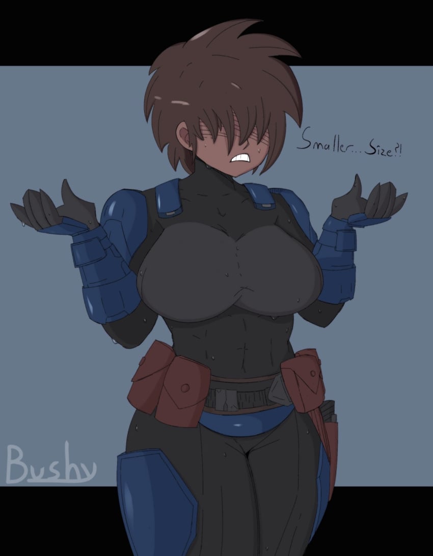 1girls armor belt borrowed_character breastplate brown_hair bushy(artist) covering_eyes dark_skin dialogue english_text gun long_bangs medium_breasts original_character pouches rahab_the_mandalorian short_hair solo star_wars sweat thick_thighs wide_hips