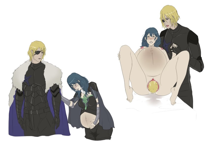 1boy 1girls alternate_version_available amniotic_fluid armor belly belly_hold big_breasts birth blonde_hair blue_hair breasts byleth_(fire_emblem) byleth_(fire_emblem)_(female) cape cloak clone66 closed_eyes clothed clothing commission commissioner_upload crowning dimitri_alexandre_blaiddyd edit eye_patch female fire_emblem fire_emblem:_three_houses gritted_teeth hand_holding long_hair male nintendo nipples pregnant white_background