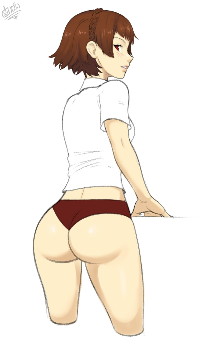 1girls ass brown_hair buttholemagick facing_away makoto_niijima megami_tensei no_pants panties persona persona_5 red_eyes