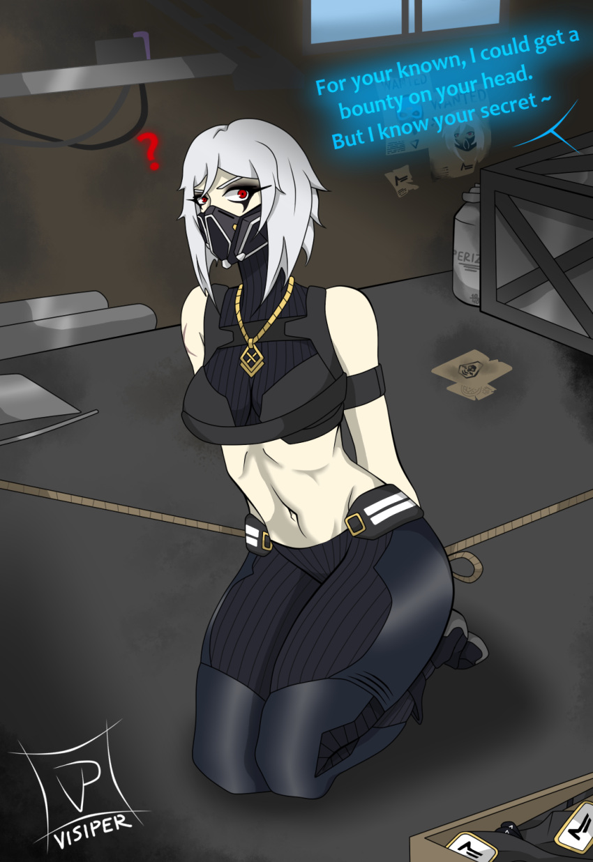 1girls arneb bondage bound breasts dialogue english_text female fortnite gas_mask hush_(fortnite) makeup midriff necklace red_eyes rope shoulders tagme text thighs visiper_(artist) white_hair