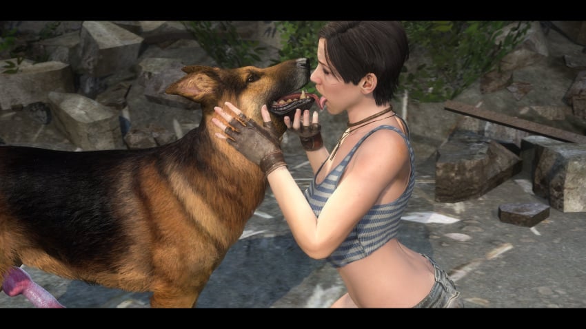 1girls 3d anna_miller_(metro) blue_eyes brown_hair canine deep_silver female female_kissing_feral german_shepherd hexxus_(artist) human_kissing_feral kissing metro_(series) metro_exodus pale-skinned_female pale_skin saliva saliva_string short_hair source_filmmaker tongue tongue_out zoophilia