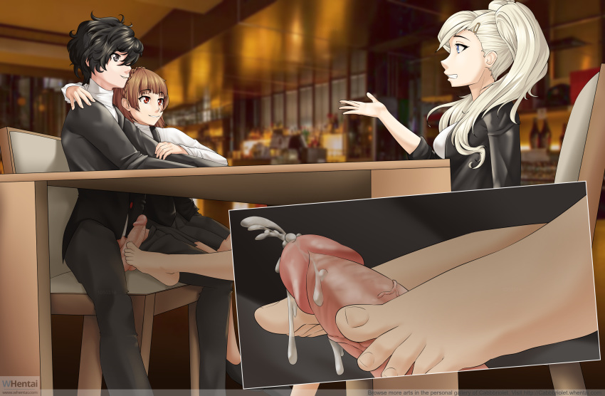 akira_kurusu ann_takamaki cum cum_on_feet cumshot ejaculation ejaculation_from_footjob feet_on_penis foot_fetish footjob footjob_under_table makoto_niijima orgasm orgasm_from_footjob persona persona_5 ren_amamiya sneaky stealth stealth_footjob unaware under_table