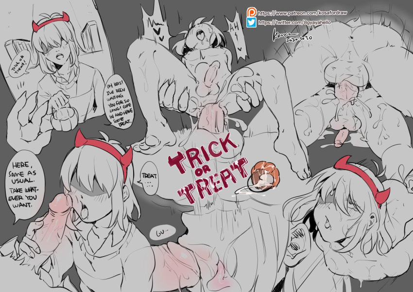 2boys ahe_gao anal androgynous anthro anthro_penetrating anthro_penetrating_human big_penis cum deltarune english_text fellatio femboy fucked_silly hairband halloween horn_headband horns_hairband human human_focus kosafordraw kris_(deltarune) monochrome oral partially_colored patreon_username penis sex tagme text twitter_username yaoi