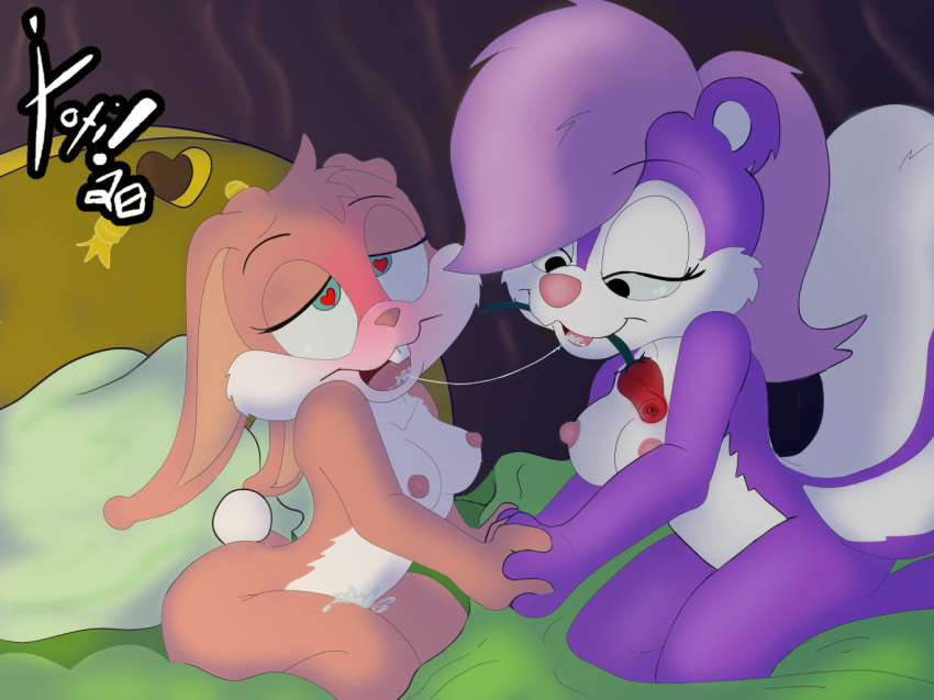 <3_eyes babs_bunny bed breasts erect_nipples female female/female fifi_la_fume furniture hand_holding heart kissing lagomorph leporid looney_tunes mammal mephitid nipples nude rabbit skunk tiny_toon_adventures vaginal_wetness warner_brothers xoti_(artist) yuri