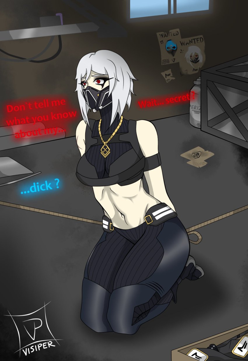 1girls arneb bondage bound breasts dialogue english_text female fortnite gas_mask hush_(fortnite) makeup midriff necklace red_eyes rope shoulders tagme text thighs visiper_(artist) white_hair