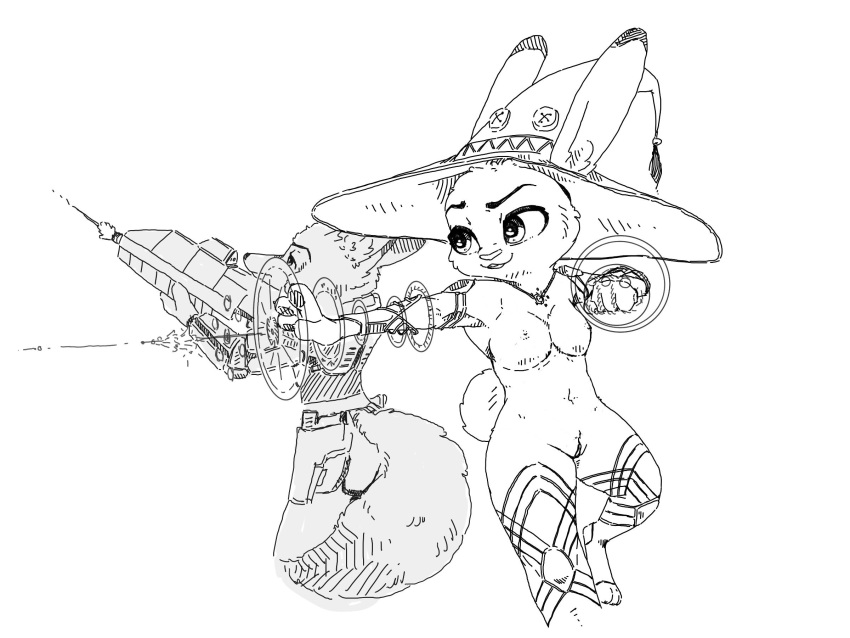 2020 4:3 anthro breasts canid canine clothed clothing disney duo female fox fully_clothed fur genitals gun halo_(series) hat headgear headwear hi_res holding_gun holding_object holding_weapon inktober inktober_2020 judy_hopps judyhopps44 lagomorph leporid magic magic_user male mammal microsoft monochrome nick_wilde nude pussy rabbit ranged_weapon red_fox simple_background small_breasts video_games weapon white_background xbox_game_studios zootopia