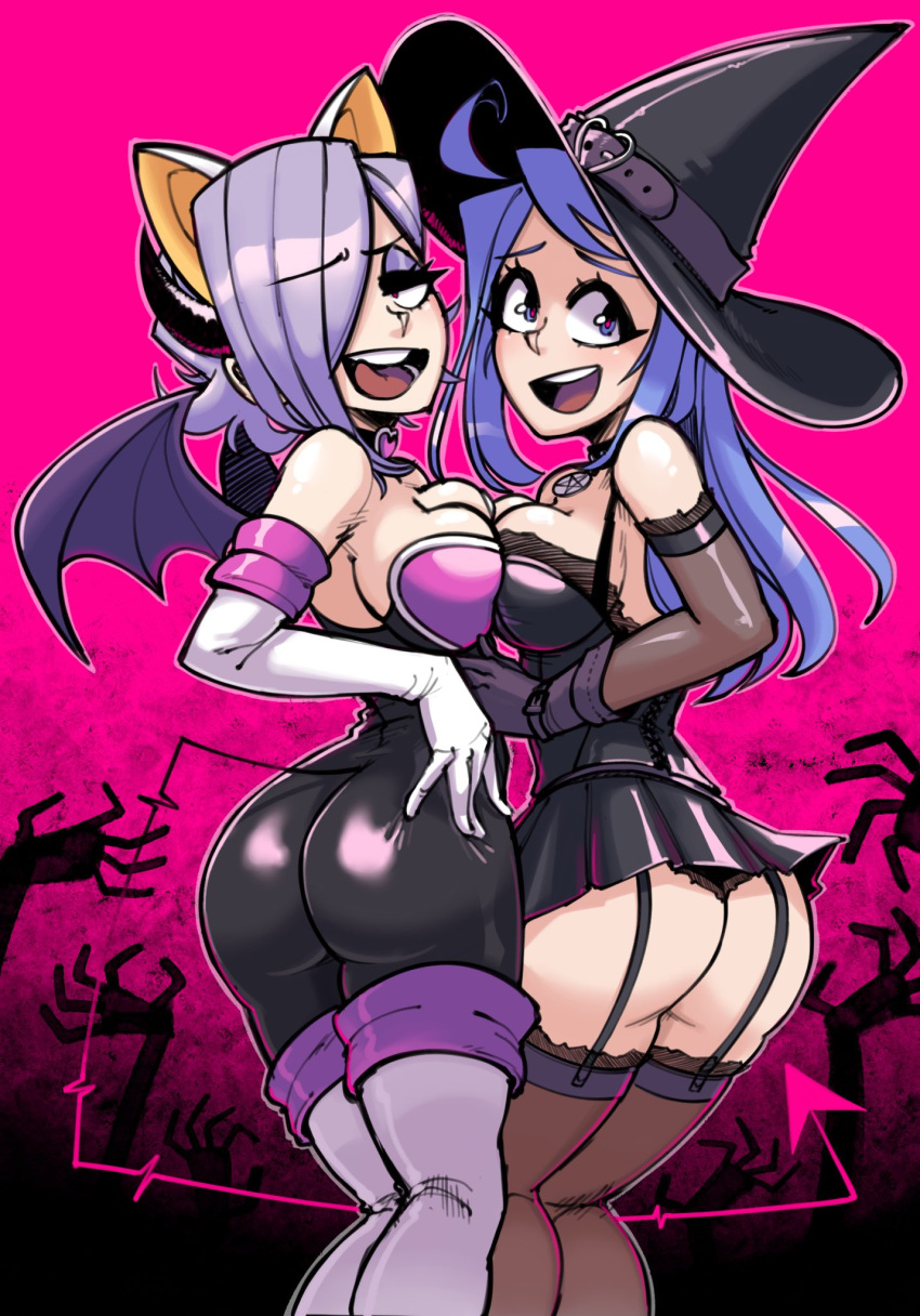 2girls aqua_eyes armwear ass bat_wings blue_hair breast_press breasts cosplay elbow_gloves female gingrjoke gloves hair_over_one_eye halloween liz_(gingrjoke) long_hair marcy_(gingrjoke) necklace oc open_mouth original original_character pointy_ears purple_hair rouge_the_bat_(cosplay) short_hair sonic_(series) sonic_the_hedgehog_(series) tail thigh_strap thighhighs white_skin witch witch_hat