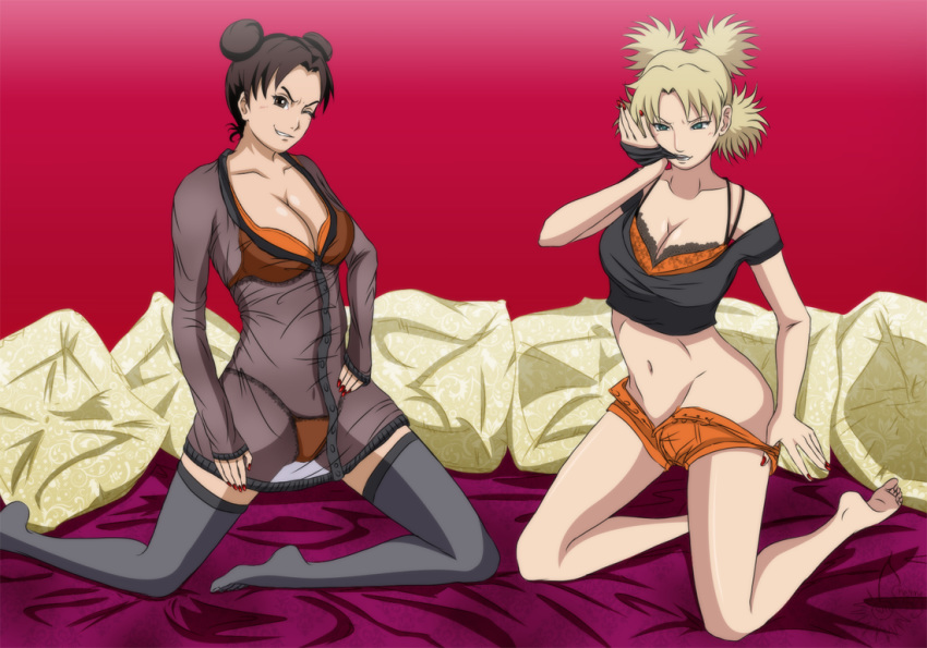 2girls barefoot blonde_hair bra breasts brown_eyes brown_hair cleavage clothing double_bun feet female female_only green_eyes long_hair looking_at_viewer nail_polish naruto naruto_(series) naruto_shippuden naughty_face no_panties one_eye_closed open_shorts panties quad_tails seducing shirt shorts smile sole_female stockings teasing temari tenten tied_hair toes transparent_clothing underwear undressing wink x-ray99