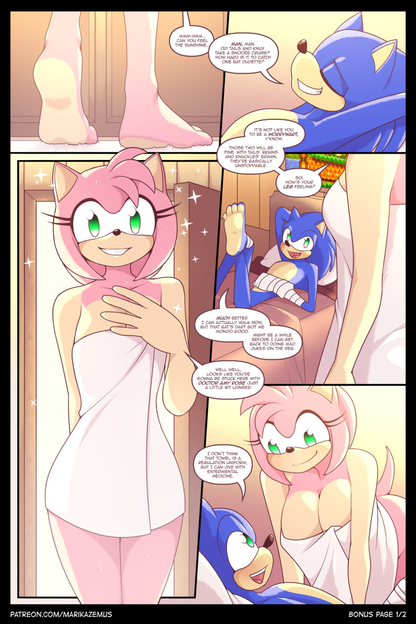 1boy 1girls amy_rose amy_rose_(boom) anthro bandage barefoot bathroom bed bedroom bent_over biped black_border blue_body blue_fur border breasts cleavage closed_eyes clothed clothing comic dialogue duo english_text eulipotyphlan feet female fur furniture green_eyes grin hedgehog hi_res imminent_sex inside looking_at_another lying male mammal marik_azemus34 mobian_(species) naked_towel on_back on_bed open_mouth open_smile page_1 pillow pink_body pink_fur sega sexual_consent smile soles sonic_(series) sonic_boom sonic_the_hedgehog sonic_the_hedgehog_(series) sparkles speech_bubble standing straight tan_body tan_skin text toes towel towel_only white_towel wounded