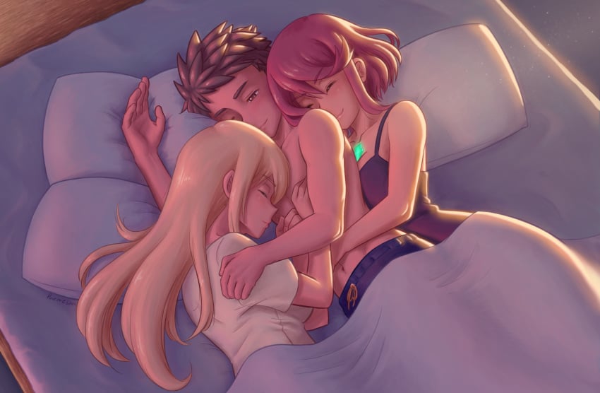 1boy 2girls after_sex bed black_tank_top blonde_hair blush breasts brown_hair closed_eyes cuddle cuddling dress from_above gem group_sex hair_ornament headpiece highres hug jewelry long_hair mythra navel nintendo parmesan pillow pyra red_hair rex_(xenoblade) shirt shirtless short_hair sleeping straight sundress tank_top threesome tiara under_covers very_long_hair white_shirt wholesome xenoblade_(series) xenoblade_chronicles_2