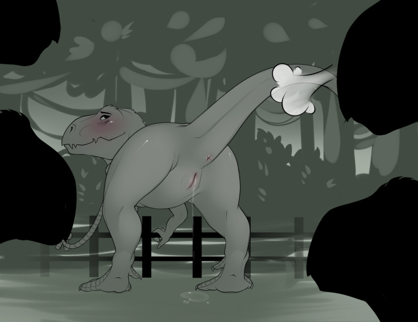 ambiguous_gender anus ass blush bodily_fluids bound breath dinosaur evehly female fence feral genital_fluids genitals group nature nature_background presenting presenting_hindquarters pussy pussy_juice raised_tail reptile rope scalie silhouette solo theropod tyrannosaurid tyrannosaurus tyrannosaurus_rex