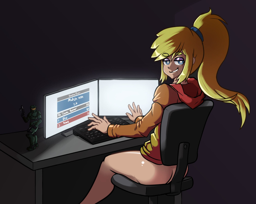 ass blonde_hair bottomless computer desk figurine gamer gamer_girl gaming halo_(series) hoodie keyboard looking_at_viewer master_chief metroid monitor nintendo outwardgalaxy pc ponytail samus_aran sitting sitting_on_chair smirk spartan_(halo)