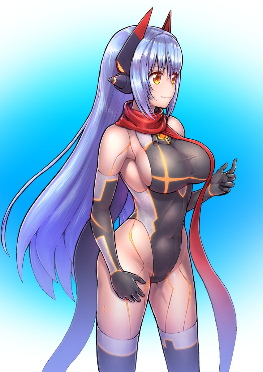 1girls android bare_shoulders breasts covered_navel elbow_gloves eyebrows_visible_through_hair female fukadumeasadume gloves hair_between_eyes headgear highleg highleg_leotard highres joints large_breasts latex leotard long_hair nintendo one-piece_swimsuit poppi_(xenoblade) poppi_qtpi_(xenoblade) purple_hair red_scarf robot_ears robot_joints scarf sidelocks skin_tight smile solo swimsuit thighhighs xenoblade_(series) xenoblade_chronicles_2 yellow_eyes