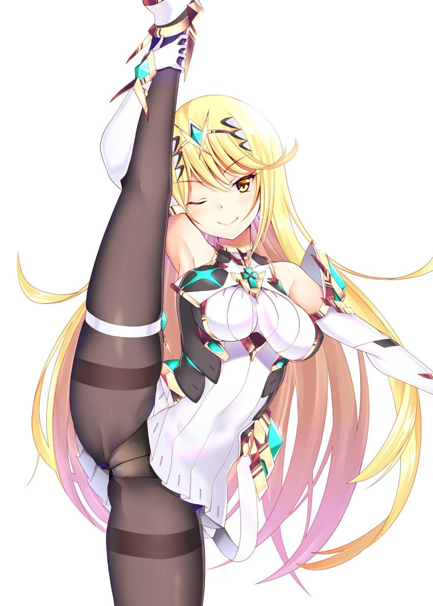 1girls absurdres armpits bangs black_legwear blonde_hair breasts cleavage cleavage_cutout close-up clothing_cutout daive eyebrows_visible_through_hair female headpiece highres large_breasts leg_grab leg_up long_hair looking_at_viewer mythra nintendo one_eye_closed panties simple_background skindentation smile solo splits standing standing_on_one_leg swept_bangs underwear vertical_splits very_long_hair white_background xenoblade_(series) xenoblade_chronicles_2 yellow_eyes