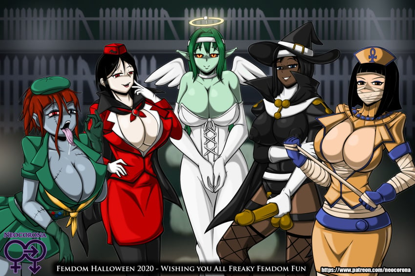 1boy 5girls alien_girl angel ascot bandage blouse blue_eyes brown_hair cape choker cleavage cleavage_cutout corset costume dark-skinned_female dark_sclera dark_skin dildo dress drooling egyptian elbow_gloves english_text female female_only femdom femdom_aliens(neocorona) fishnets flight_attendant girl_scout gloves green_hair green_skin habit halloween halloween_costume halo light-skinned_female light_skin long_hair mummy_costume neocorona nun nurse pale-skinned_female pale_skin pencil_skirt pleated_skirt pov red_eyes red_hair short_skirt skirt stewardess strap-on suit tagme thighhighs tongue tongue_out uniform vampire white_dress witch witch_hat yellow_eyes zombie