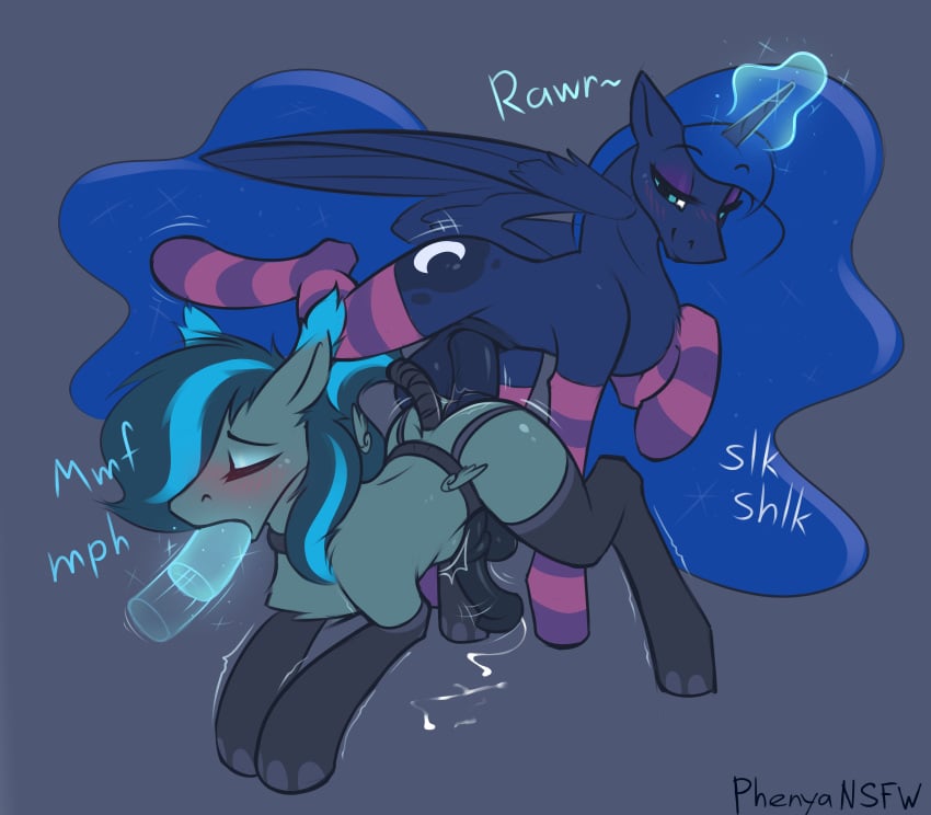 2020 absurd_res alicorn anal anal_sex animal_genitalia animal_penis armwear bedroom_eyes blue_background blue_body blue_feathers blue_fur blue_mane blue_tail blue_wings blush bodily_fluids chest_tuft closed_eyes clothing cum cum_on_ground cum_while_penetrated cutie_mark darkened_genitalia dildo_in_mouth duo elbow_gloves english_text equid equine equine_penis erection ethereal_hair ethereal_mane eyelashes eyeshadow fan_character feathered_wings feathers feral flared_penis footwear friendship_is_magic fur genital_fluids genitals gloves glowing glowing_horn green_body green_fur group group_sex gynomorph gynomorph/male gynomorph_penetrating gynomorph_penetrating_male half-closed_eyes half-erect handwear hasbro hi_res horn horse intersex intersex/male intersex_penetrating intersex_penetrating_male legwear magic_dildo makeup male male_penetrated mammal mane medial_ring moan my_little_pony narrowed_eyes oral pattern_clothing pattern_legwear pattern_socks penetration penis phenyanyanya pony princess_luna_(mlp) pseudo_hair pseudo_mane rosy_firefly seductive sex sex_toy_in_mouth signature simple_background smile socks spitroast stomach_bulge striped_clothing striped_legwear striped_socks stripes tail_wraps teal_eyes text thigh_highs tuft wings wraps