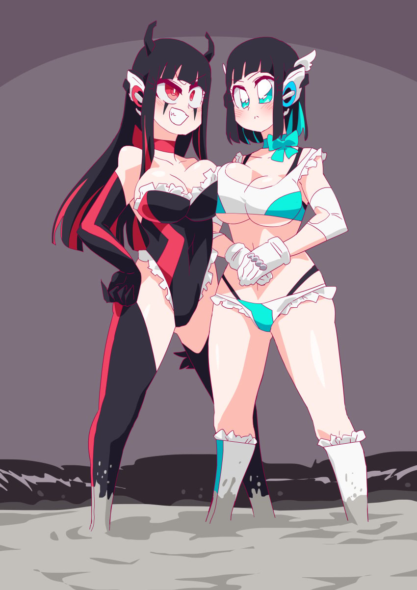 2girls android as_(kamen_rider_zero-one) as_(kamen_rider_zero_one) black_hair blue_eyes blue_ribbon breast_press grey_background hands_on_hips horns is_(kamen_rider_zero-one) kamen_rider kamen_rider_zero-one_(series) long_hair mud_wrestling otokam1117 outfit red_eyes robot_girl short_hair skimpy_bikini skimpy_clothes staring thighhighs wrestling wrestling_match