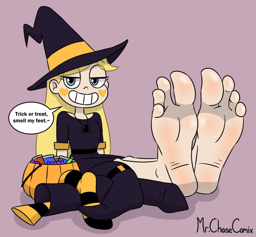 1girls 4_toes barefoot blonde blonde_female blonde_hair blonde_hair_female blue_eyes candy cheek_markings cheeks disney feet foot_fetish foot_focus halloween halloween_costume hat mr._chase_comix presenting_feet smile soles speech_bubble star_butterfly star_vs_the_forces_of_evil tease toes unworn_shoes unworn_socks witch witch_hat word_balloon