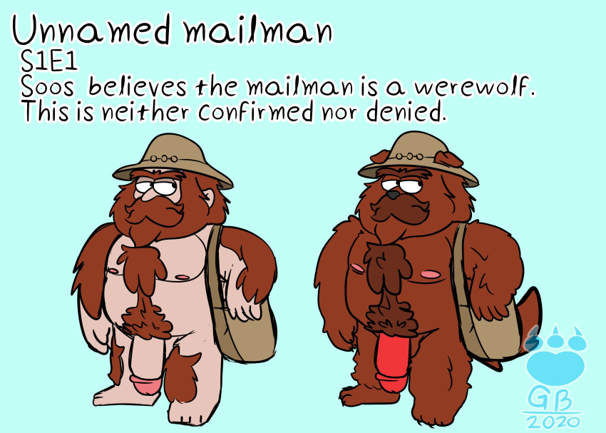 2020 absurd_res anthro balls brown_body brown_fur bunnybara canid canine clothing delivery_(commerce) delivery_employee disney disney_channel english_text fur genitals gravity_falls hat headgear headwear hi_res human mailman male male_only mammal nipples overweight overweight_male penis postal_carrier postal_delivery slightly_chubby solo straight_hair text were werecanid werecanine werewolf