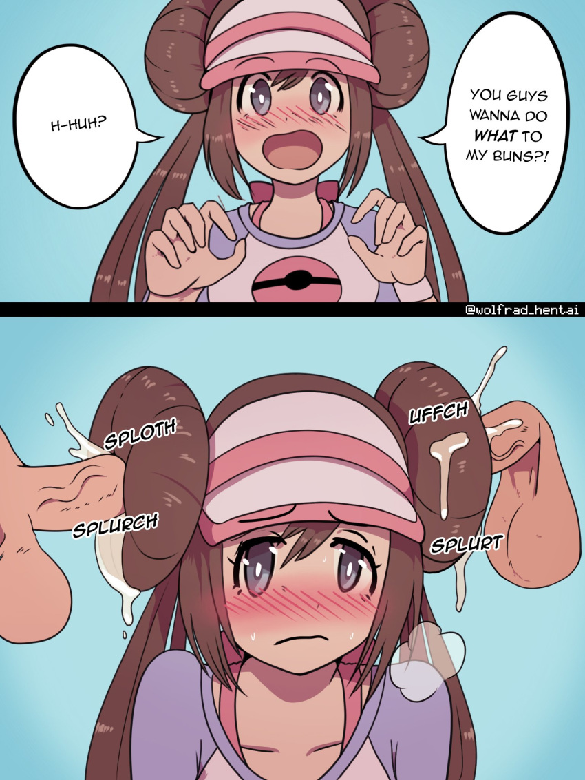 1girls 2boys blush brown_hair bunjob clothing cum cum_in_hair cum_on_hair dialogue double_bun english_text female frown hair_sex hairjob human instant_loss_2koma joke long_hair male nintendo pokemon pokemon_bw pokemon_bw2 rosa_(pokemon) space_buns text twintails wolfgang_bang year_request