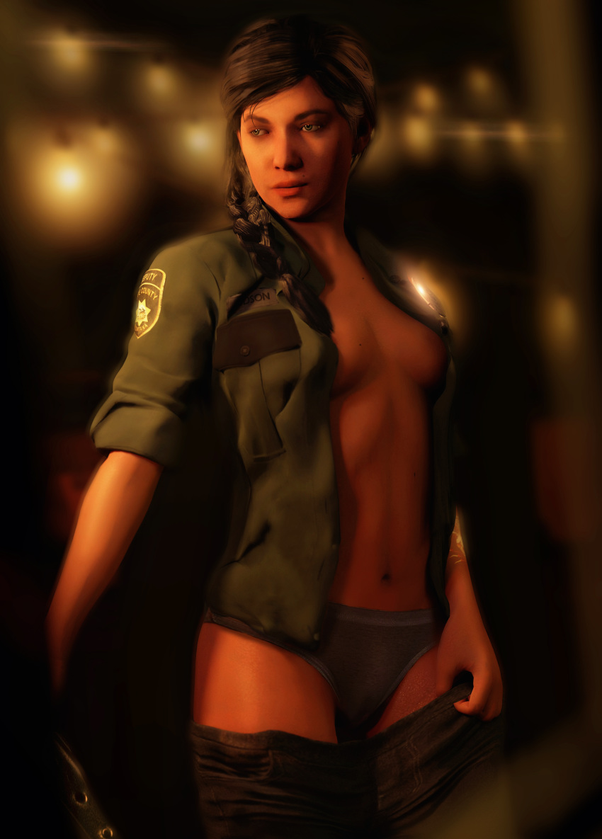 1girls 3d arm_tattoo black_hair breasts english_text far_cry far_cry_5 female female_only human joey_hudson_(far_cry_5) no_bra panties partially_clothed police_officer skstalker solo solo_female text uniform