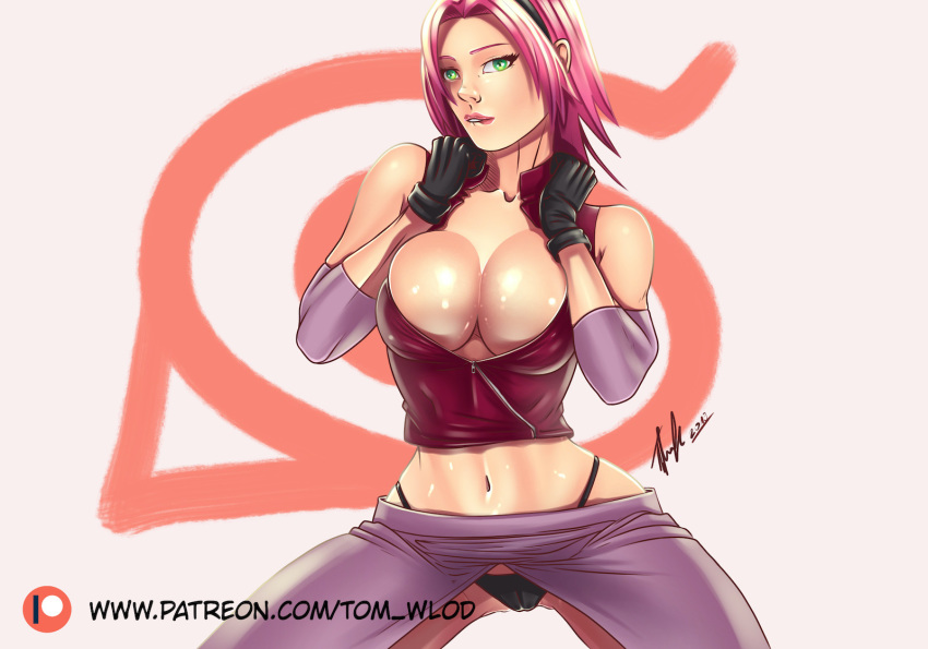 1girls big_breasts biting_lip breasts cameltoe cleavage elbow_pads female female_only gloves green_eyes hairband konohagakure_symbol lipstick long_hair makeup naruto naruto_(series) naruto_shippuden panties partially_clothed pink_hair pussy sakura_haruno shirt simple_background skirt sleeveless sleeveless_shirt solo spread_legs tom_wlod underwear unzipped