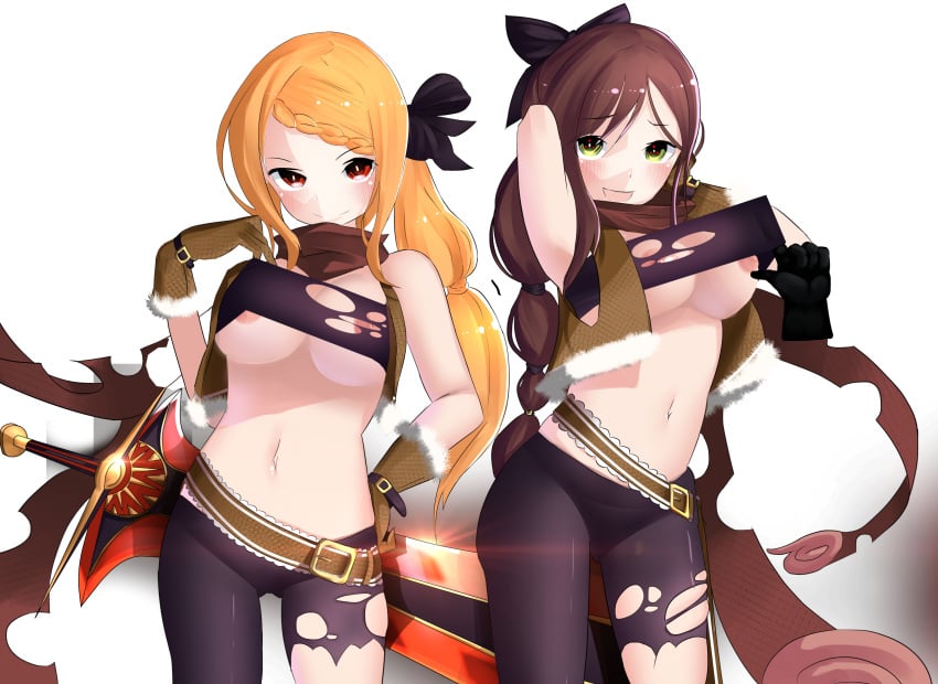 2girls areolae belt breast_bind breasts brown_hair felt_(re:zero)_(cosplay) female gear_art gloves green_eyes high_resolution large_breasts multiple_girls navel nipples orange_hair pantyhose ponytail priscilla_barielle pulling re:zero_kara_hajimeru_isekai_seikatsu red_eyes scarf shaula_(re:zero) sword symbol-shaped_pupils tied_hair torn_clothes torn_pantyhose very_high_resolution weapon